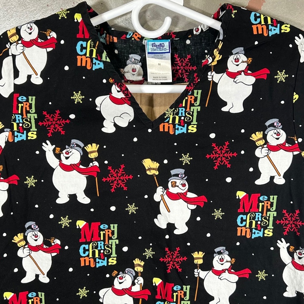 Frosty the Snowman Merry Christmas Scrub Top Black V-Neck Cotton Medium Holiday